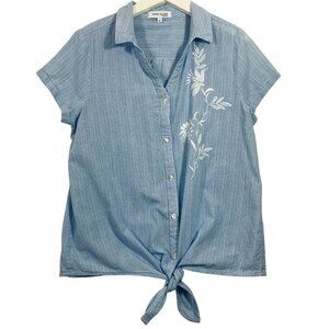 embellished short sleeve woman tie blouse white and blue size large Marie Claire